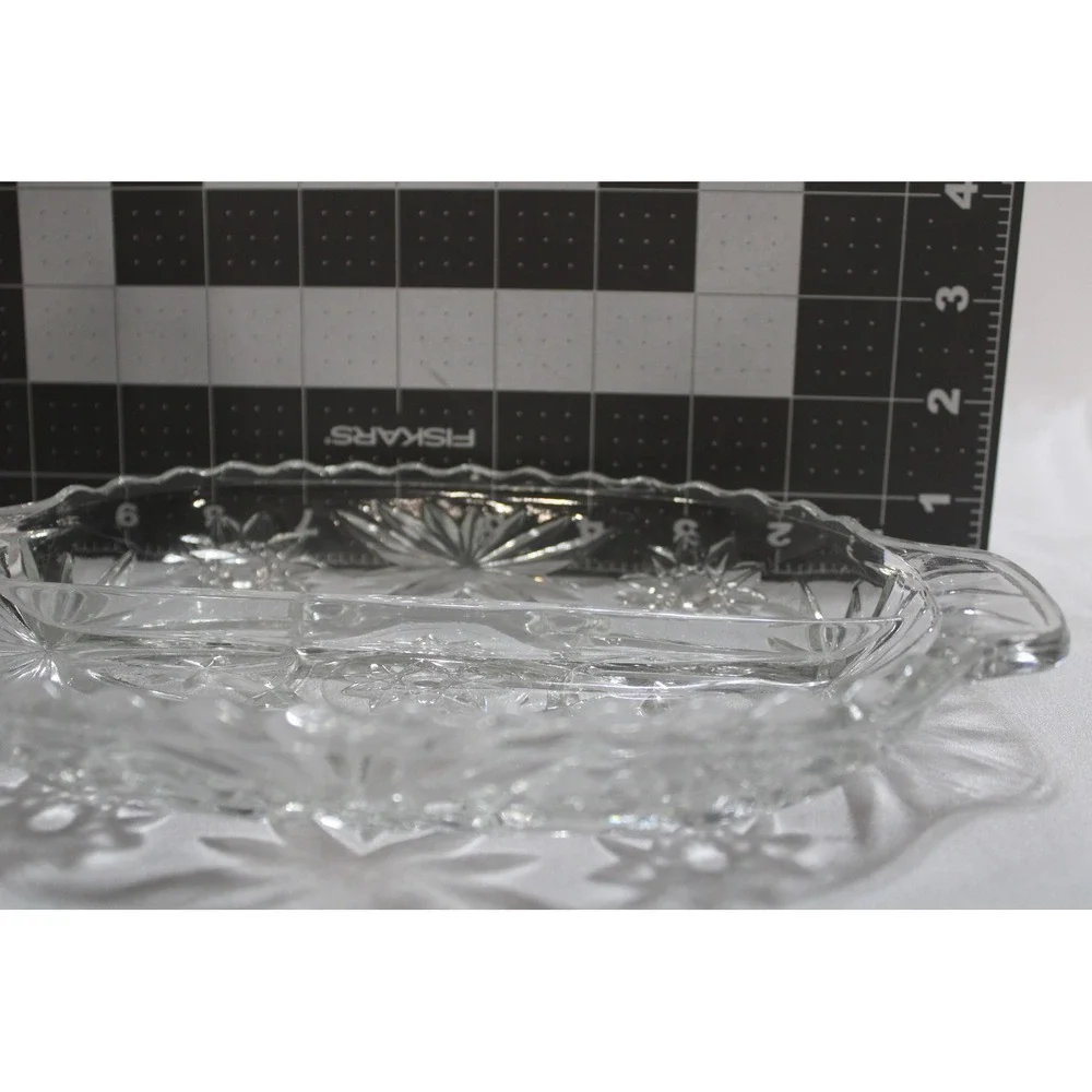 Vintage Clear Pressed Glass Divided Relish Dish Starburst Pattern Oval 9.5 Inch